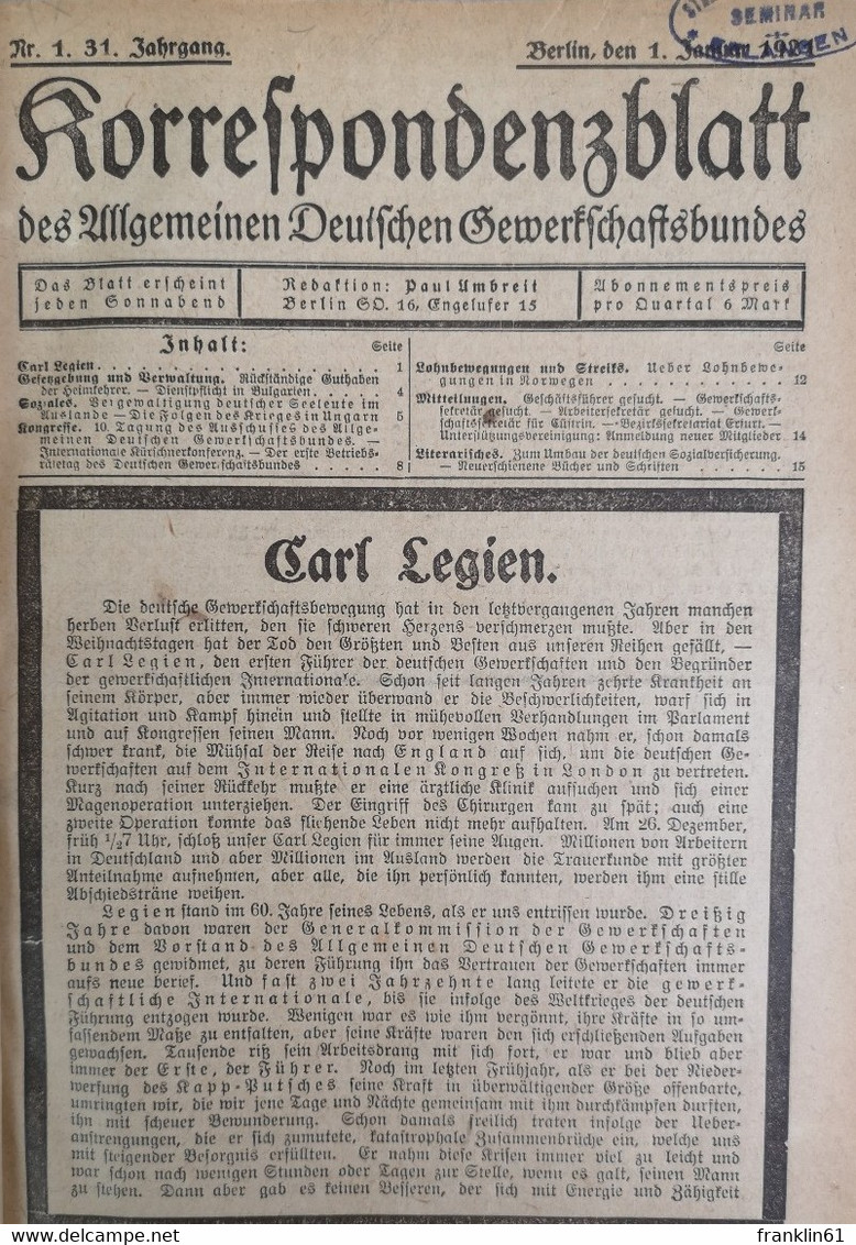 Korrespondenzblatt des Allgemeinen Deutschen Gewerkschaftsbundes Einunddreißigster Jahrgang 1921.