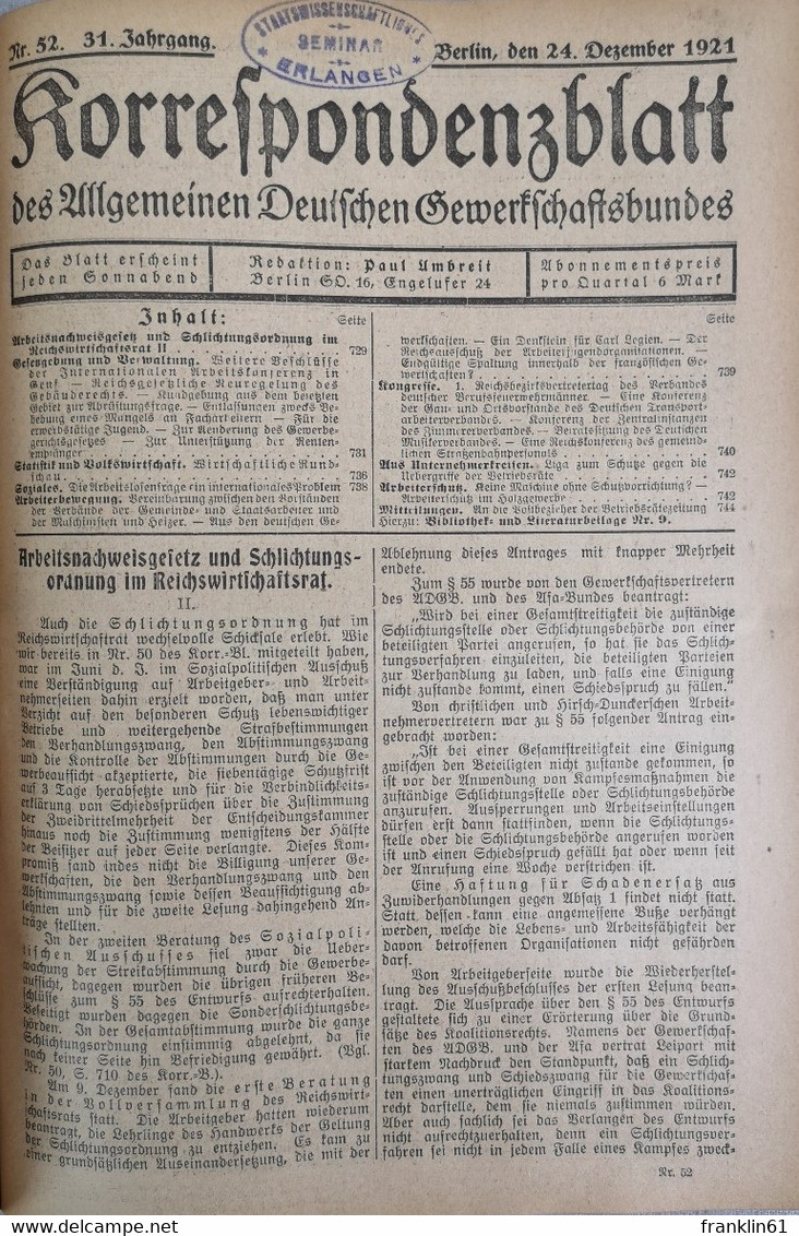 Korrespondenzblatt des Allgemeinen Deutschen Gewerkschaftsbundes Einunddreißigster Jahrgang 1921.