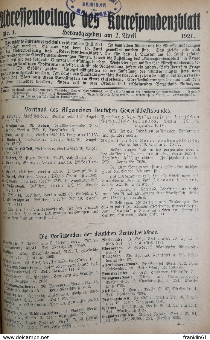 Korrespondenzblatt des Allgemeinen Deutschen Gewerkschaftsbundes Einunddreißigster Jahrgang 1921.