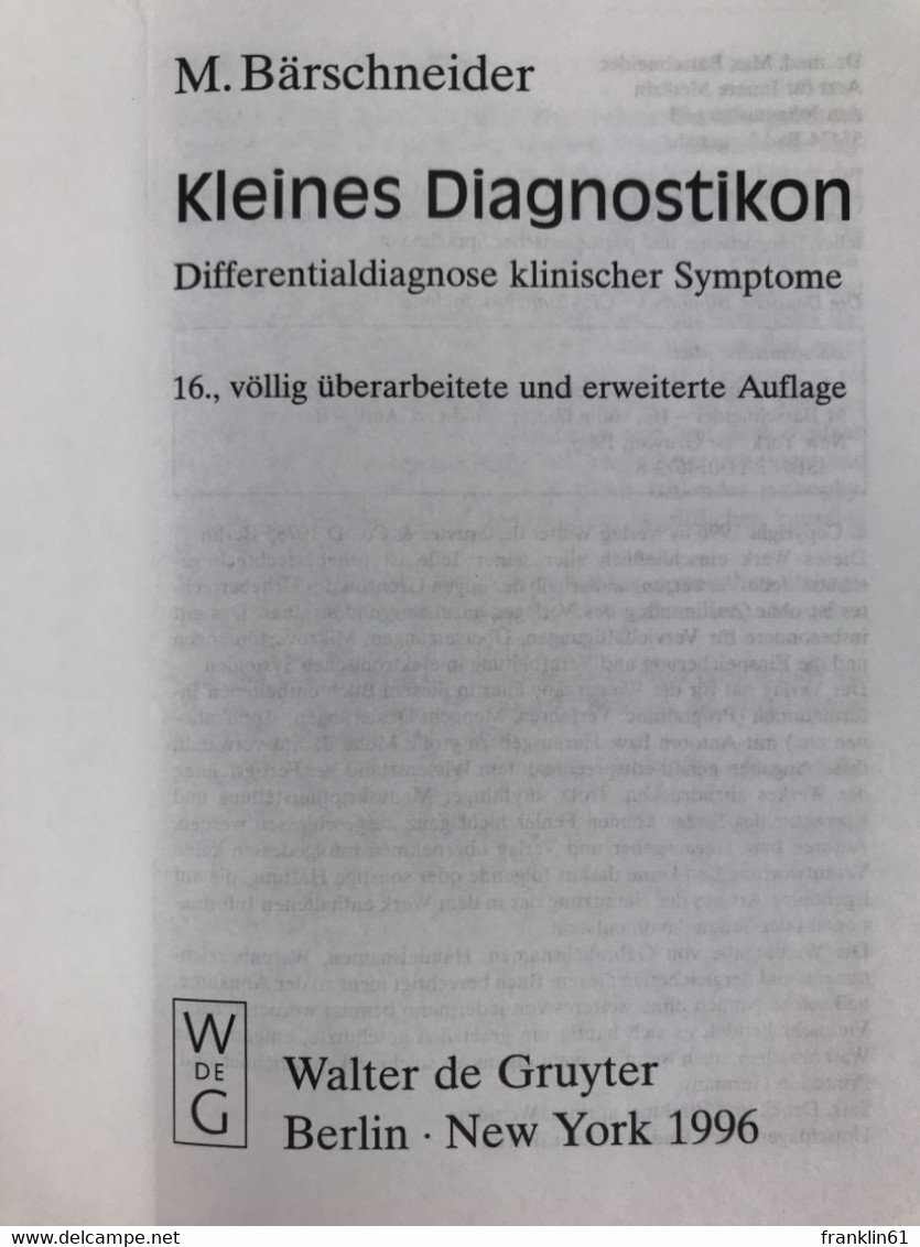 Kleines Diagnostikon : Differentialdiagnose Klinischer Symptome. - Gezondheid & Medicijnen