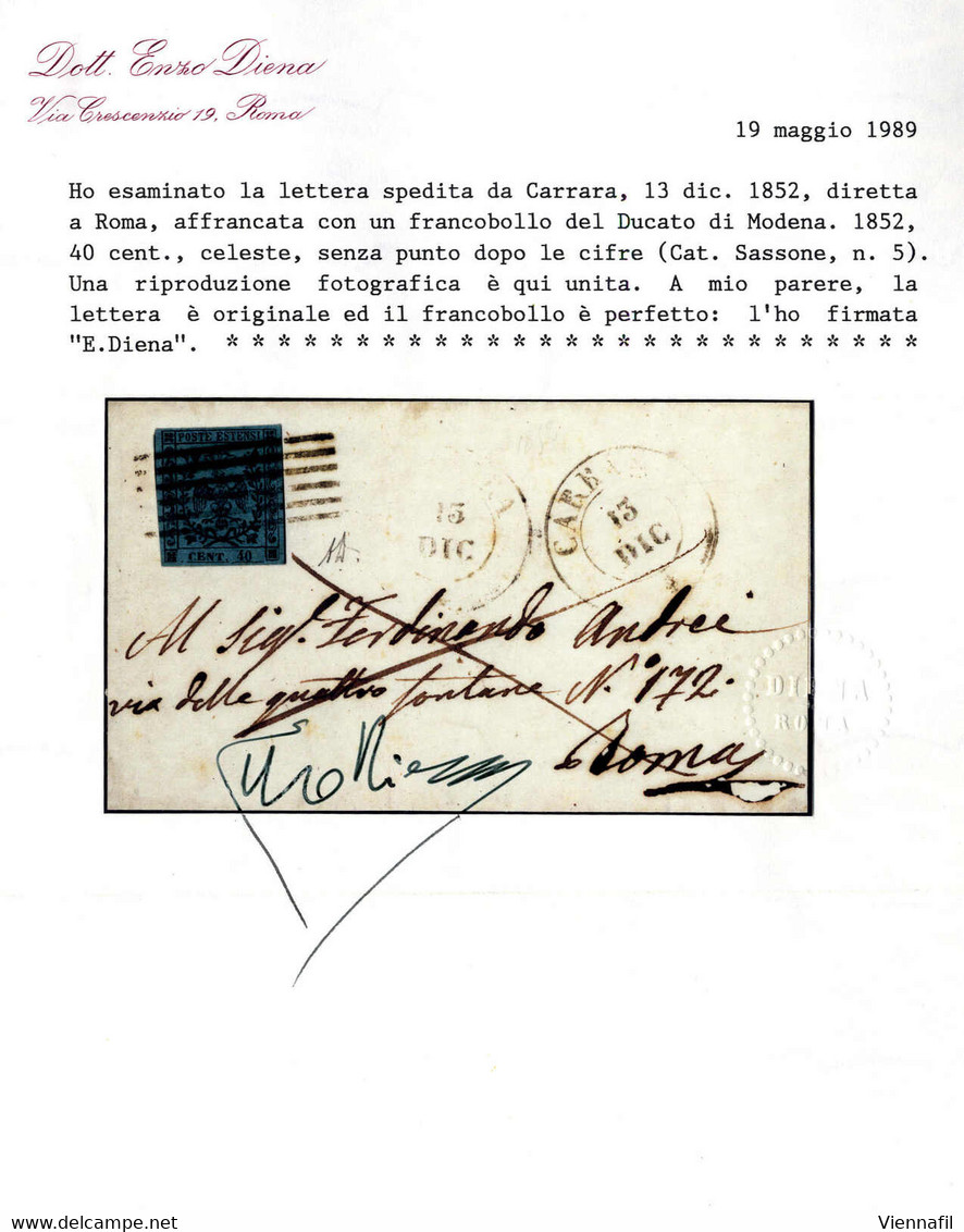 Cover 1852, 40 C. Celeste, Lettera Da Carrara Il 13.12 Per Roma, Certificato Enzo Diena, Sass. 5 / 25000,- - Modena