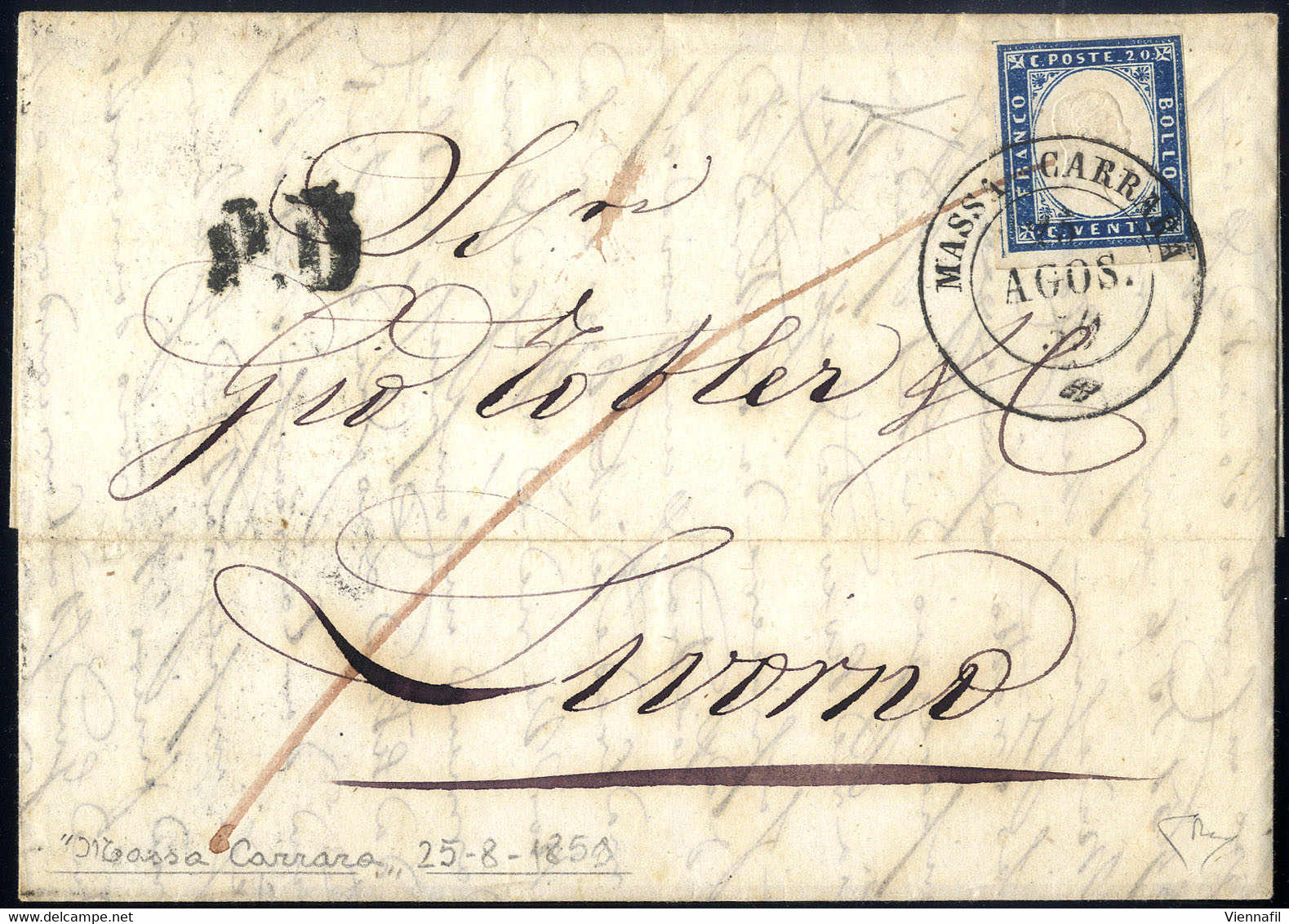 Cover 1859, Lettera Da Massa Carrara Del 25.8 Per Livorno Affrancata Con 20 C. Azzurro Scuro Della IV Di Sardegna, Usata - Modena