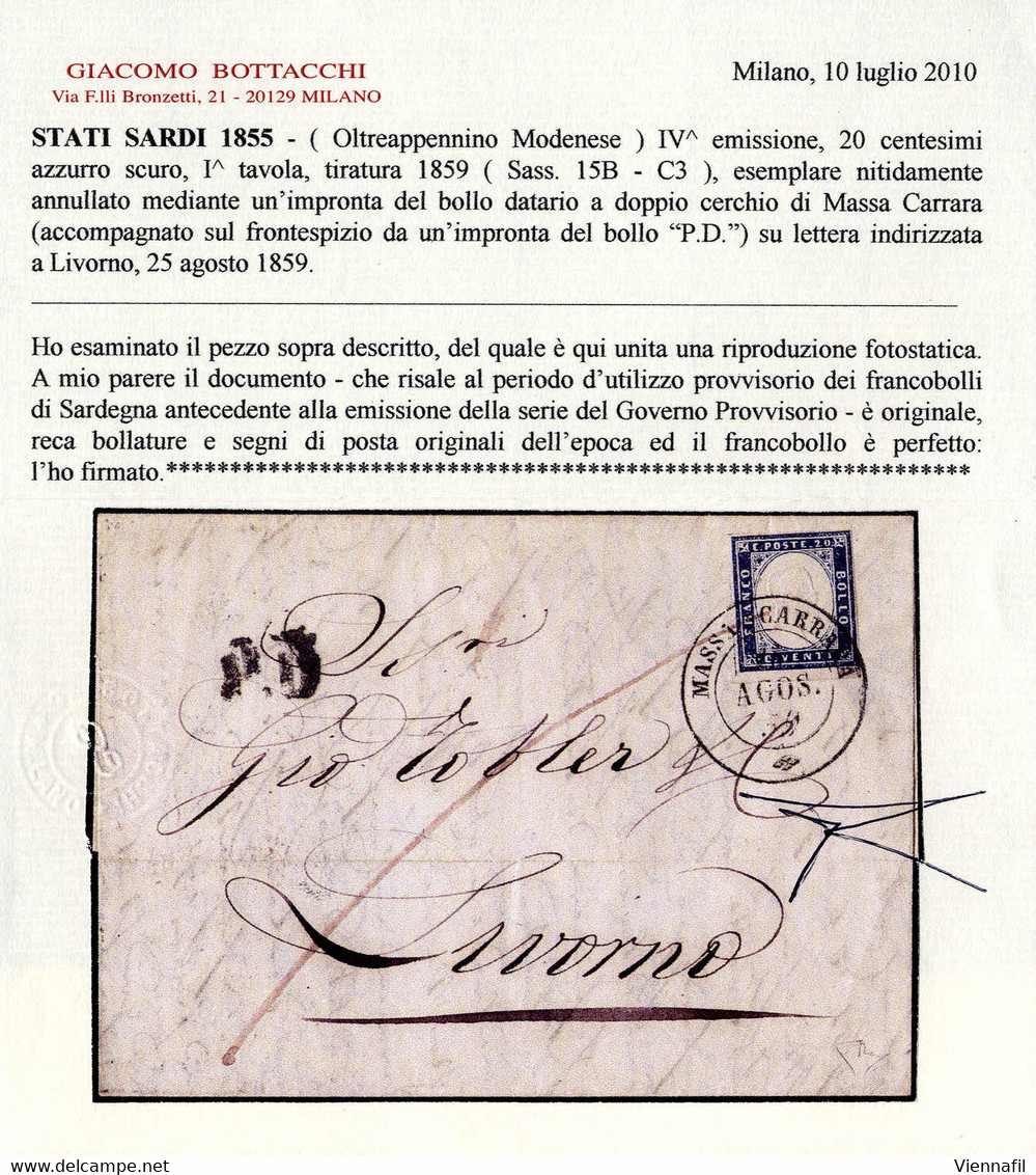 Cover 1859, Lettera Da Massa Carrara Del 25.8 Per Livorno Affrancata Con 20 C. Azzurro Scuro Della IV Di Sardegna, Usata - Modena