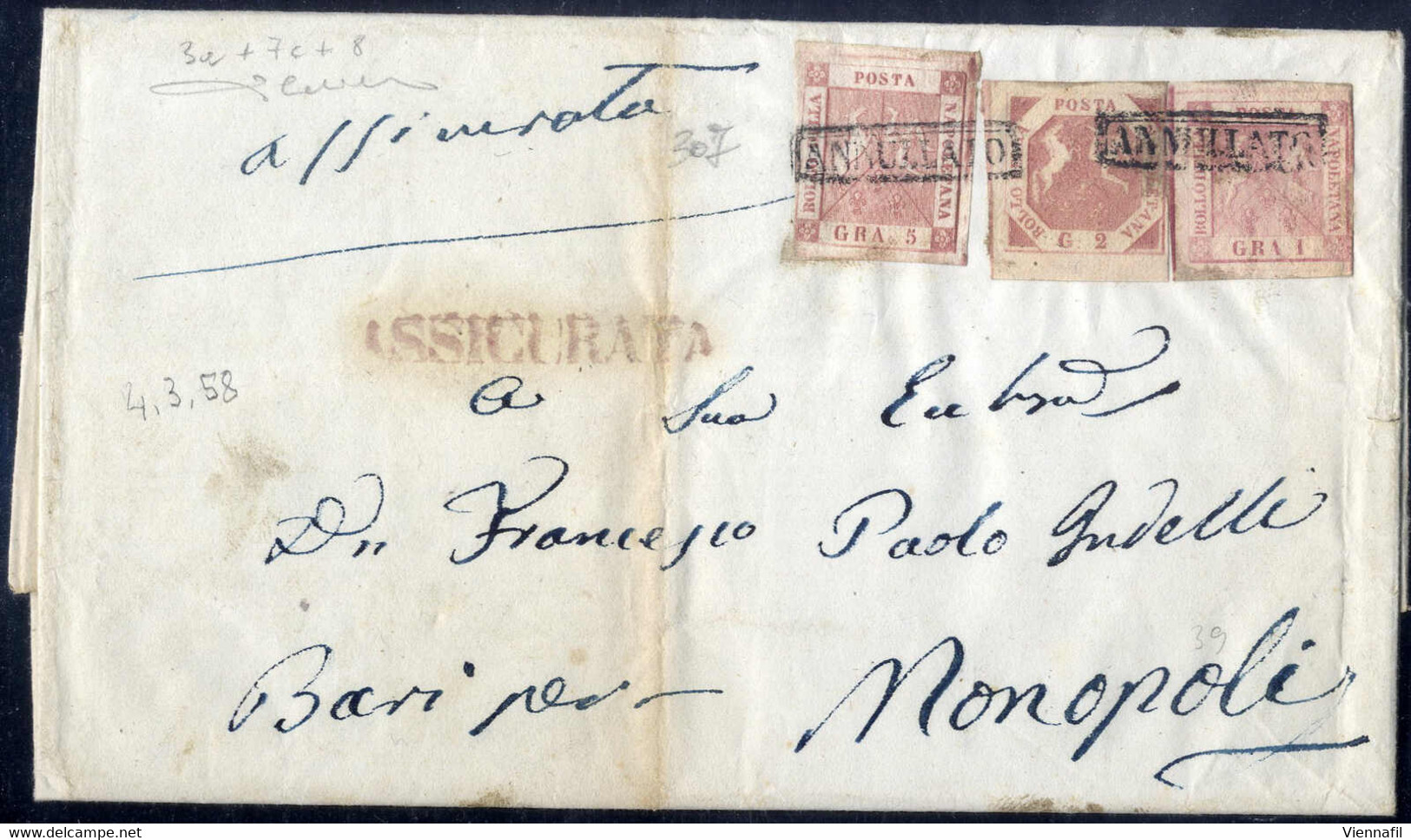Cover 1858, Assicurata Del 4.3.1858 Da Napoli Via Bari A Monopoli Affrancata Con 1 Grano Rosa Lillaceo I Tavola, 2 Grana - Naples