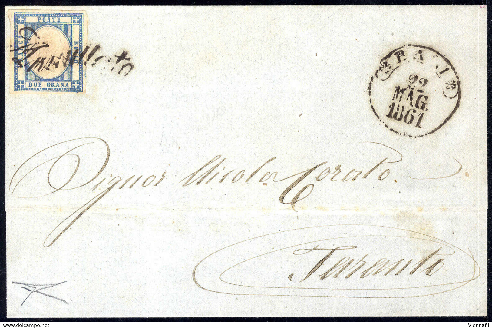 Cover "Bari", Annullo A Svolazzo "Annullato", Tipo 36, Su 2 Gr. Azzurro Province Napoletane, Su Lettera Del 22.5.1861 Pe - Naples