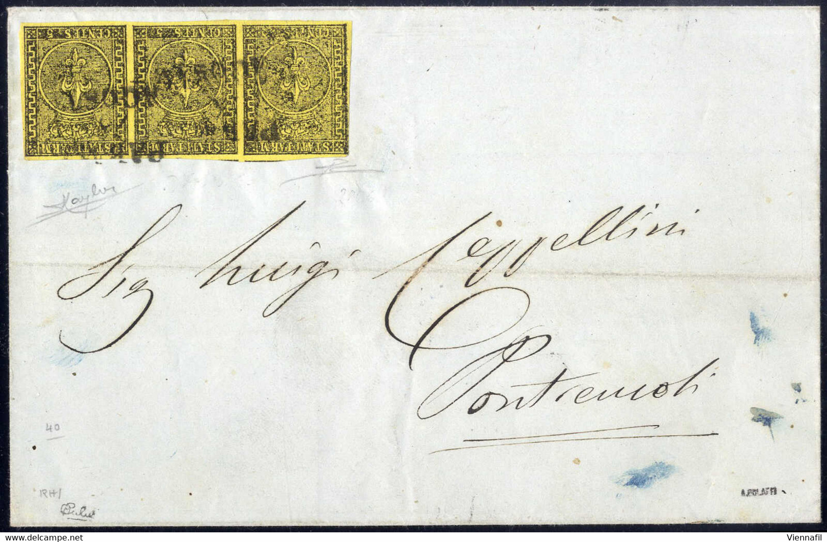 Cover 1853, Lettera Da Parma Il 18.8 Per Pontremoli Affrancata Con Striscia Di Tre 5 C Giallo Arancio, Firma Raybaudi, C - Parma