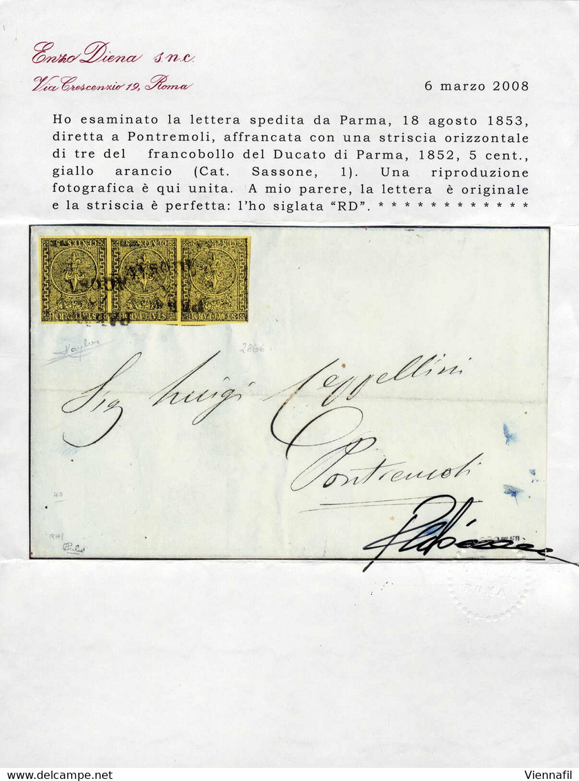 Cover 1853, Lettera Da Parma Il 18.8 Per Pontremoli Affrancata Con Striscia Di Tre 5 C Giallo Arancio, Firma Raybaudi, C - Parma