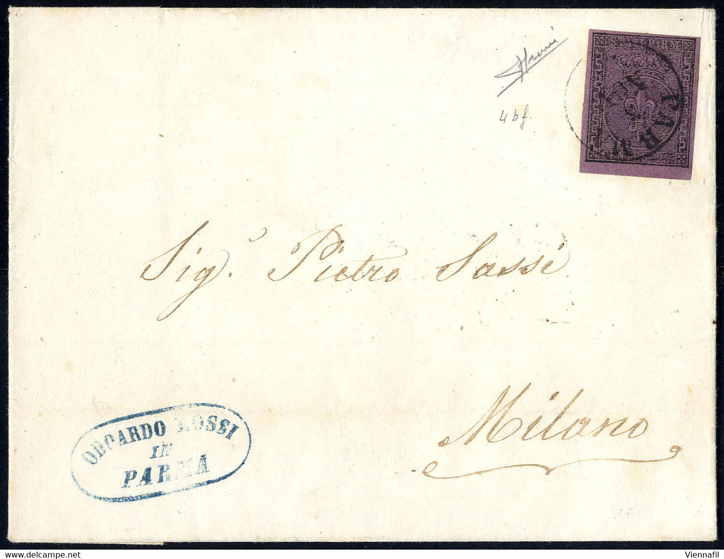 Cover 1852, 25 Cent. Violetto, Bordo Di Foglio In Basso, Su Lettera Da Parma 5.11.1856 Per Milano, Splendida, Firmata So - Parma