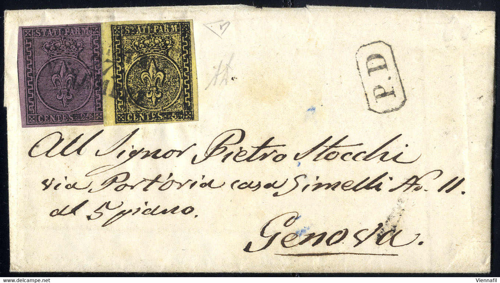 Cover 1855, Lettera Da Parma Del 27.11. Per Genova Con Affrancatura Bicolore Per 30 C. Con 5 C. Giallo Del Bordo Di Fogl - Parma