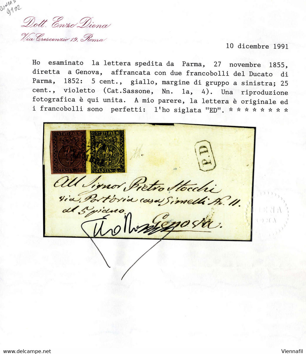 Cover 1855, Lettera Da Parma Del 27.11. Per Genova Con Affrancatura Bicolore Per 30 C. Con 5 C. Giallo Del Bordo Di Fogl - Parma