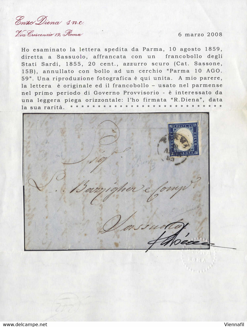 Cover 1859, Lettera Da Parma Il 10.8 (1° Periodo Di Governo Provvisorio) Per Sassuolo Affrancata Con IV Di Sardegna 20 C - Parma