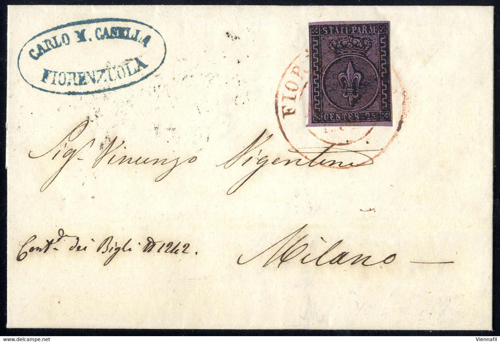 Cover "Fiorenzuola", Lettera Del 10.8.54 Per Milano Affrancata Con Un 25 C. Violetto Annullato Con Doppio Cerchio Grande - Parma