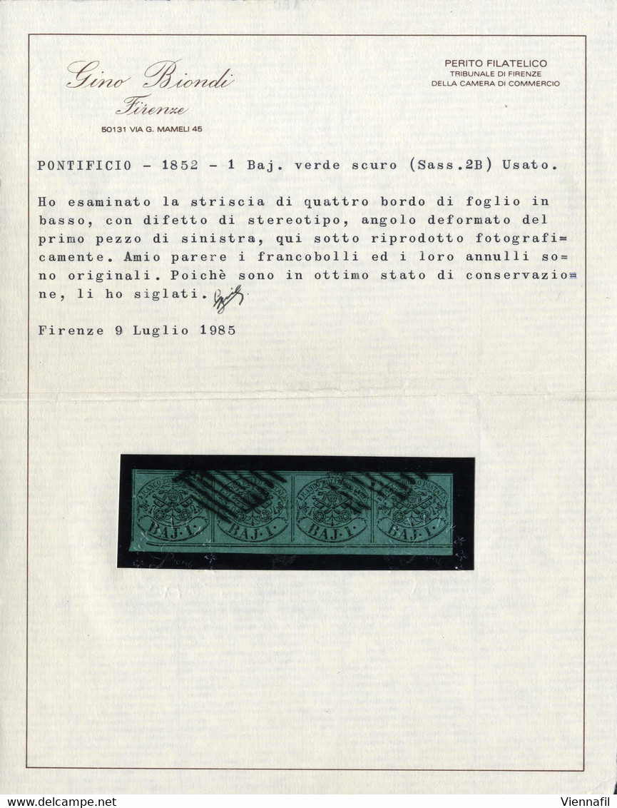 O 1864, 1 B. Verde Scuro II Composizione, Striscia Orizzontale Di Quattro Con Margine Di Foglio In Basso Di Cui I Due Di - Papal States