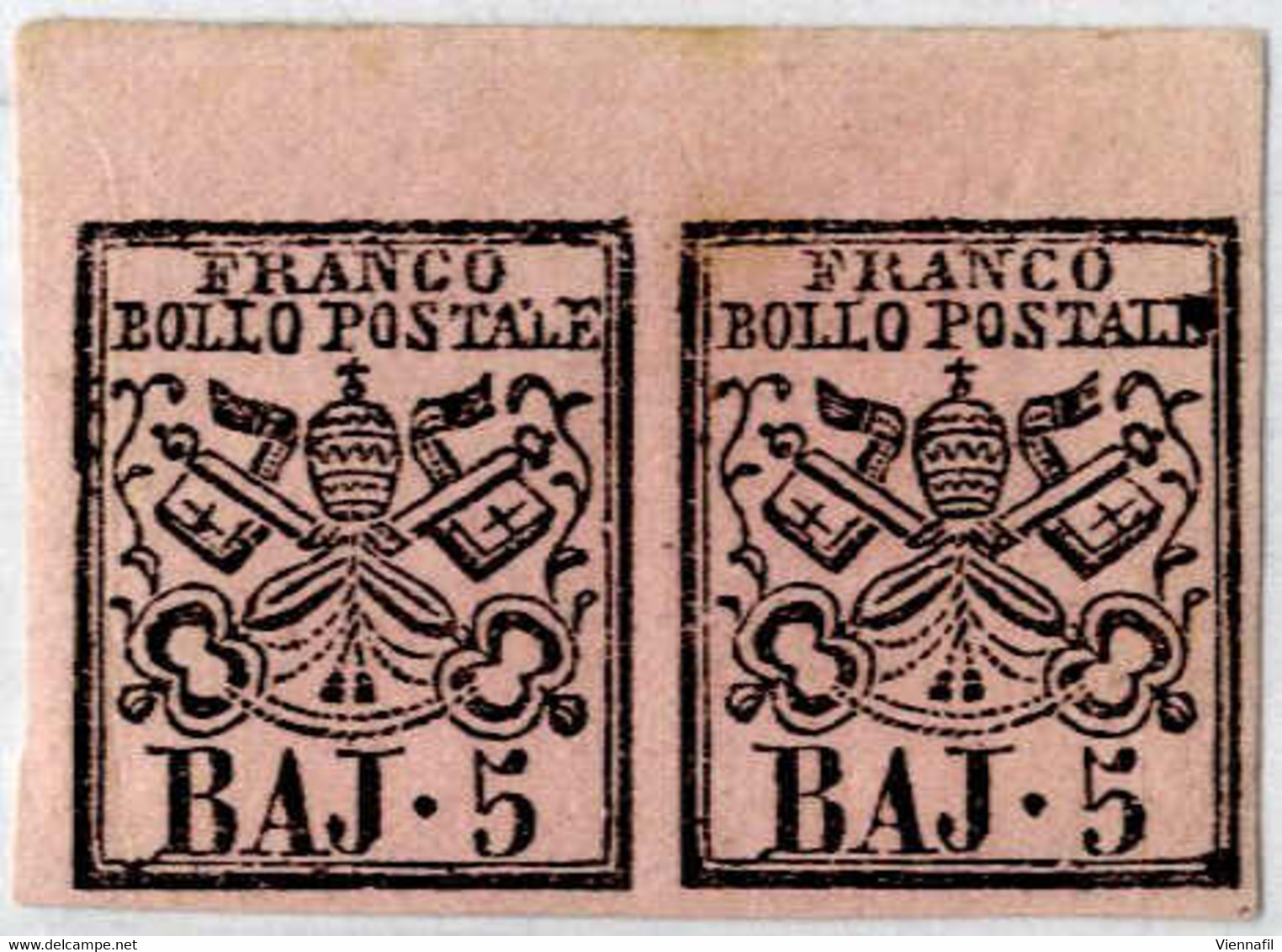 * 1852, Stemma, Coppia Con Bordo Superiore 5 B. Rosa Carminio Nuova Linguellata, Piega Naturale Verticale Della Carta, S - Papal States