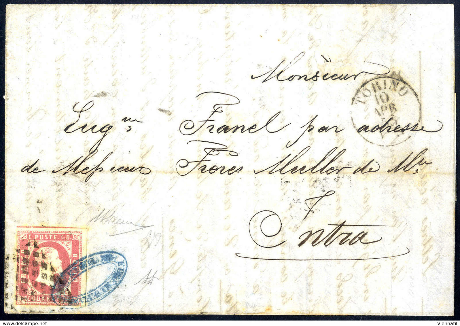 Cover 1853, Lettera Da Torino Del 10.4 Per Intra, Affrancata Con Un 40 C. Rosa Carminio, Certificato Alberto Diena, Sass - Sardinië