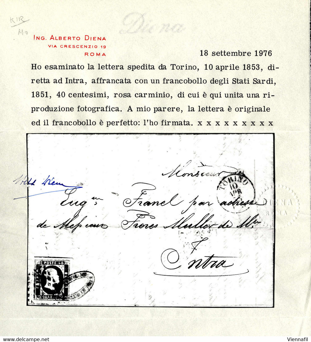 Cover 1853, Lettera Da Torino Del 10.4 Per Intra, Affrancata Con Un 40 C. Rosa Carminio, Certificato Alberto Diena, Sass - Sardinië