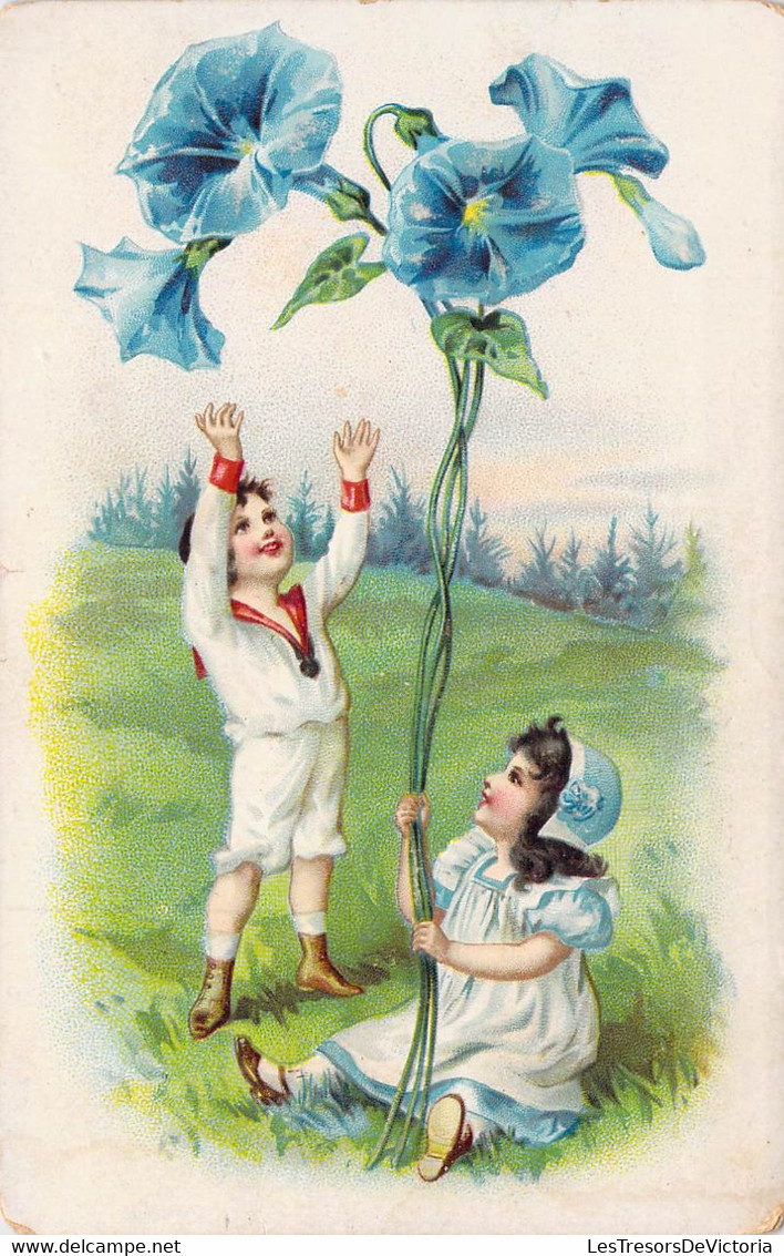 CPA Illustration Non Signée - Enfants Portant Du Lierre à Fleurs Bleues - Pelouse - Scènes & Paysages