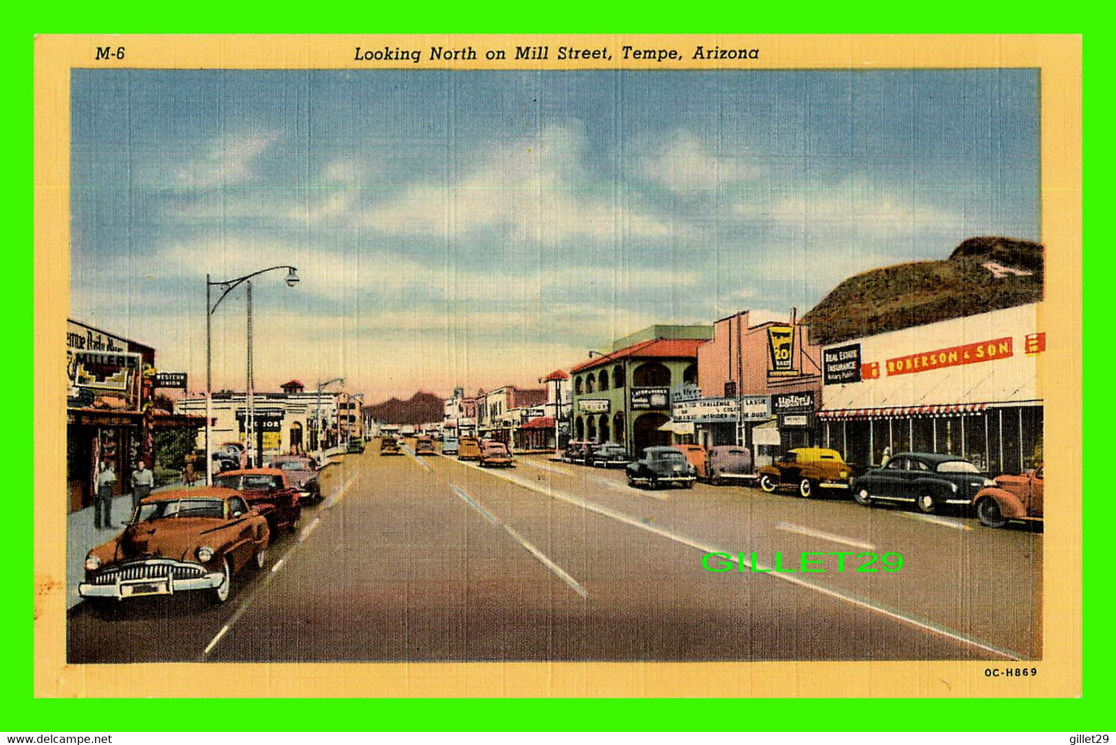 TEMPE, AZ - LOOKING NORTH ON MILL STREET - ANIMATED VINTAGE CARS - LOLLESGARD SPECIALTY CO - - Tempe