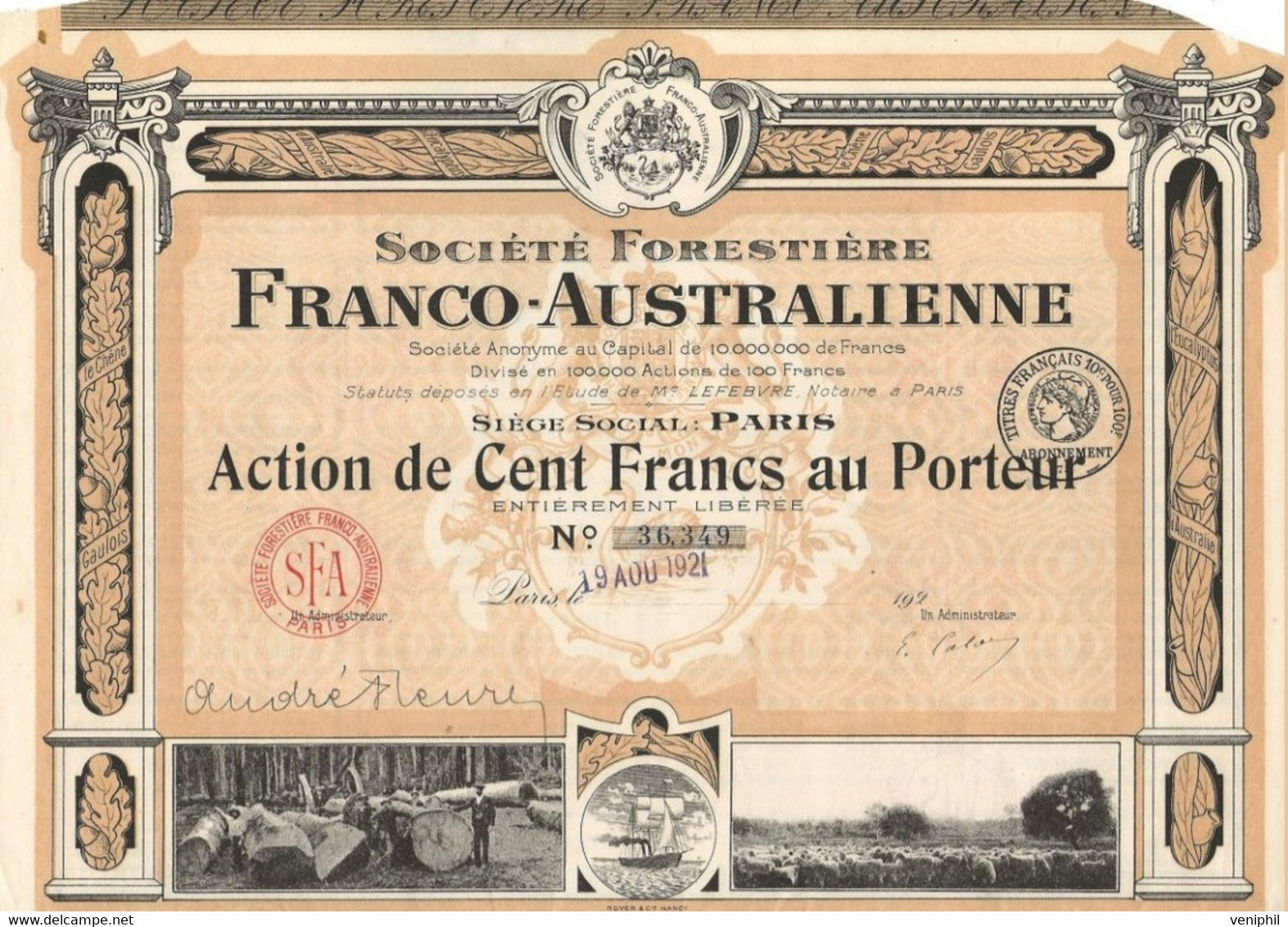 SOCIETE FORESTIERE FRANCO - AUSTRALIENNE - ACTION DE 100 FRS - ANNEE 1921 - Agricultura