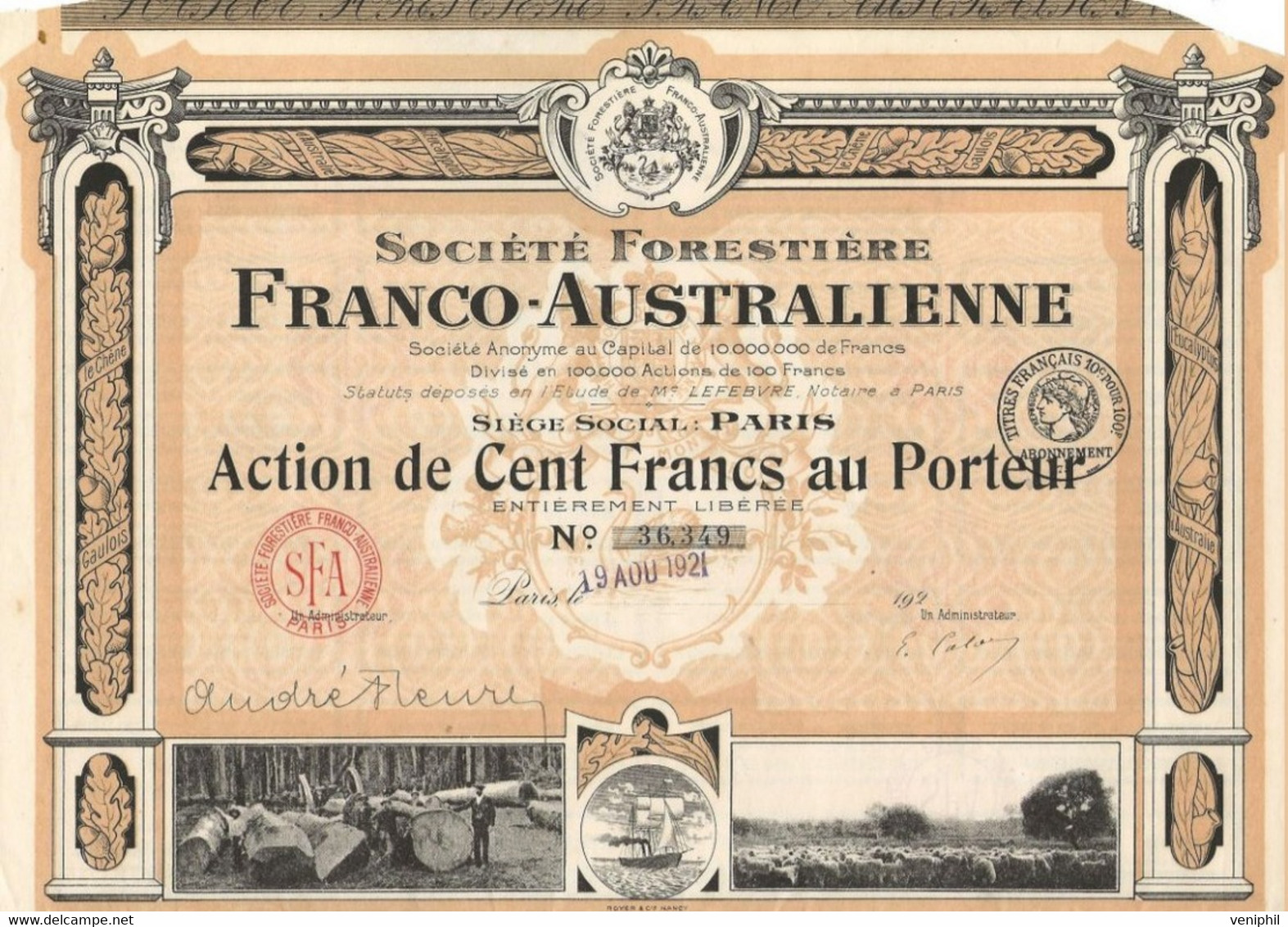 SOCIETE FORESTIERE FRANCO - AUSTRALIENNE - ACTION DE 100 FRS - ANNEE 1921 - Landbouw