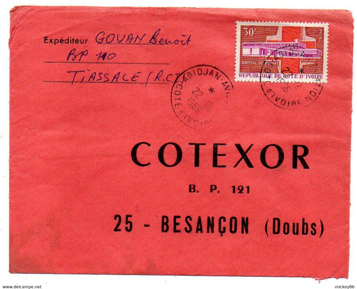 Côte D'Ivoire-1966- ABIDJAN AVIATION  Pour Besançon-25-- Tp Hopital Bouaké  Seul  Sur Lettre..cachet  .à Saisir - Ivoorkust (1960-...)