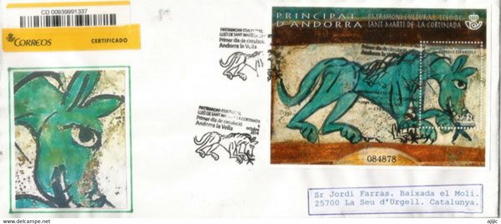 ANDORRA. Le Lion De La Chapelle Saint Martin De La Cortinada. Bloc-Feuillet Sur Lettre Premier Jour 2014 (haute Faciale) - Covers & Documents