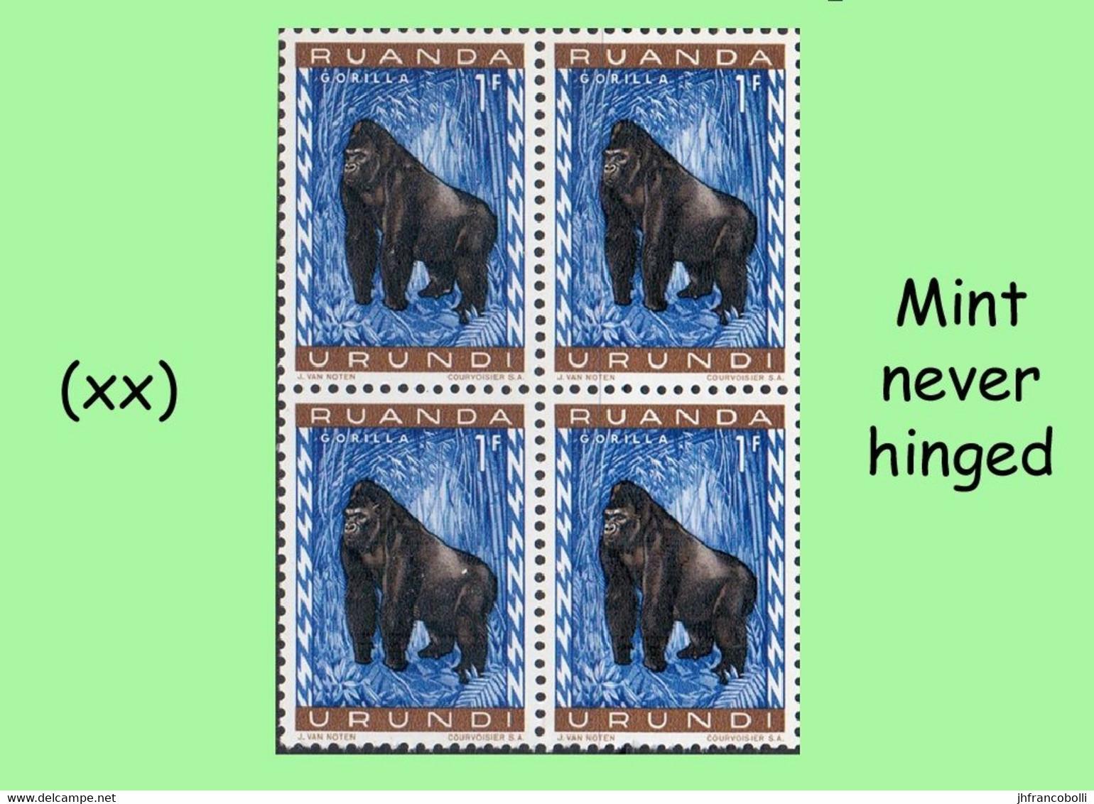 1959 ** RUANDA-URUNDI = RU 209 MNH PROTECTED ANIMALS BLUE GORILLA ( BLOCK X 4 STAMPS WITH ORIGINAL GUM ) - Ongebruikt