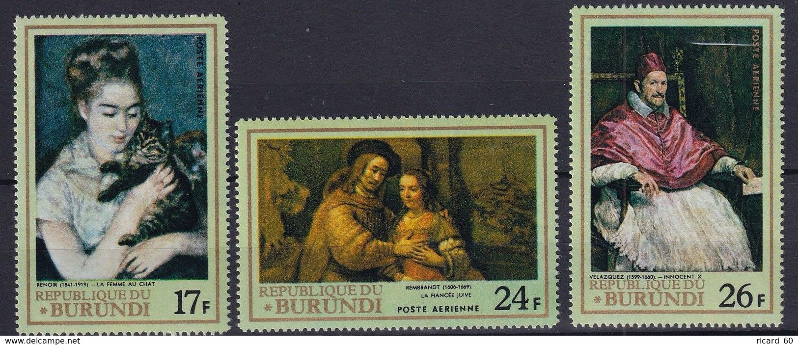 Série Neuve** Burundi 1968, BF N°75-77  YT, Tableaux, Velázquez, Rembrandt, Renoir - Poste Aérienne