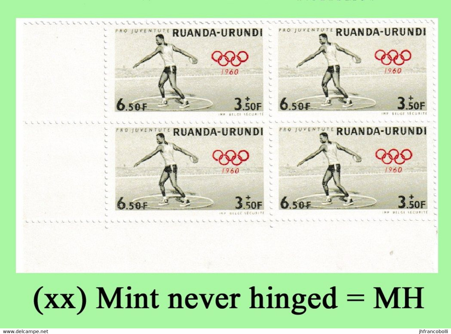 1960 ** RUANDA-URUNDI = RU 223 MNH ROME OLYMPICS DISCOBOLE ( ANGLE BLOCK X 4 STAMPS WITH ORIGINAL GUM ) - Ungebraucht