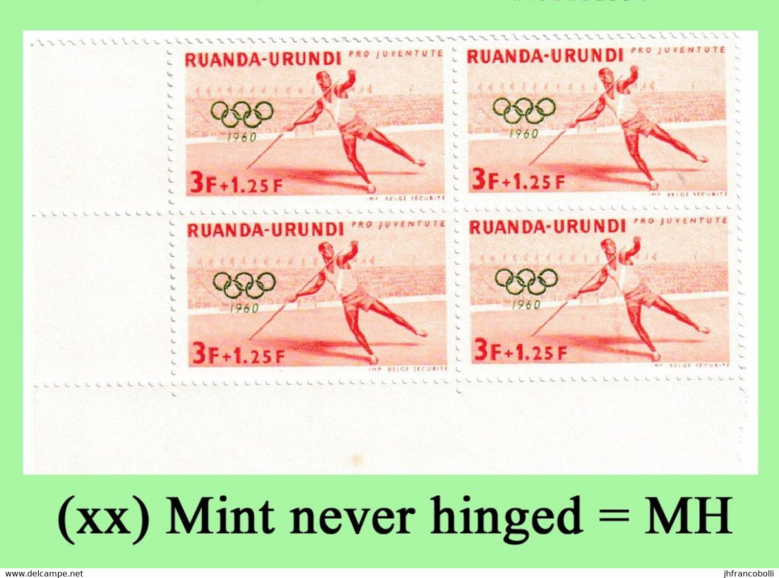 1960 ** RUANDA-URUNDI = RU 222 MNH ROME OLYMPICS JAVELIN ( ANGLE BLOCK X 4 STAMPS WITH ORIGINAL GUM ) - Ongebruikt