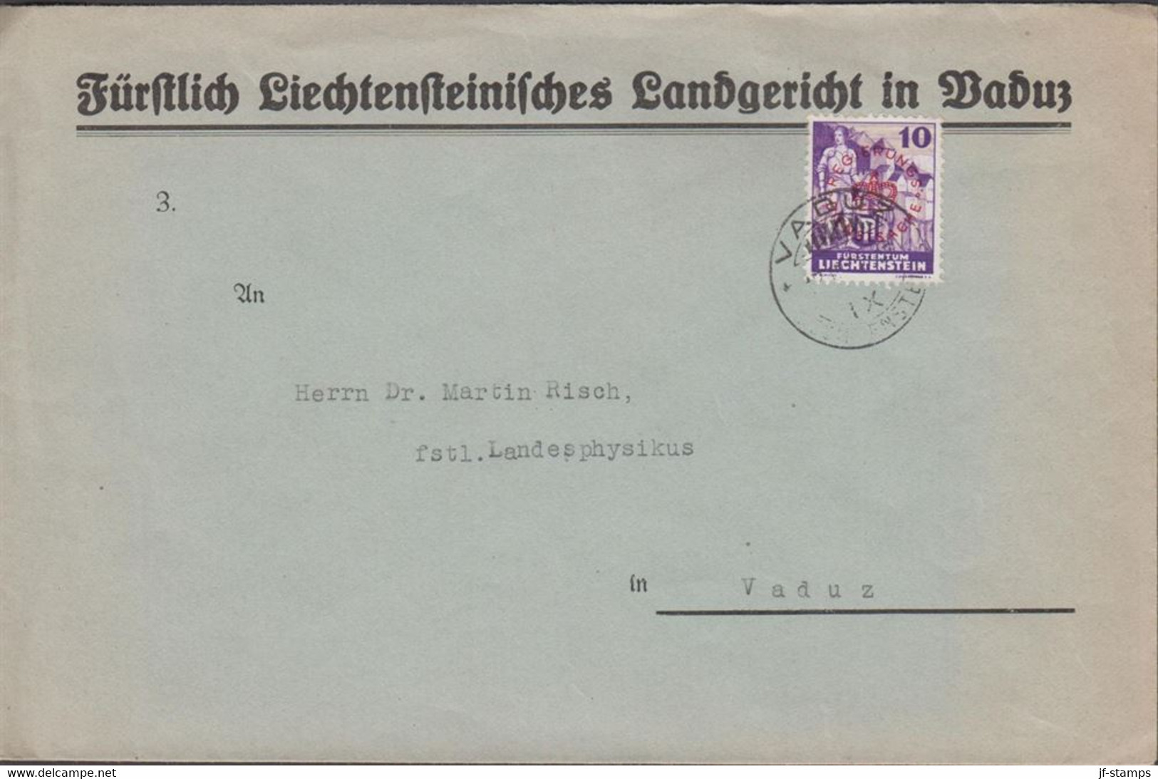 1946. LIECHTENSTEIN. 10 R Official With Overprint REGIERUNGS DIENSTSACHE On Cover From ... (Michel Dienst 21) - JF434116 - Service