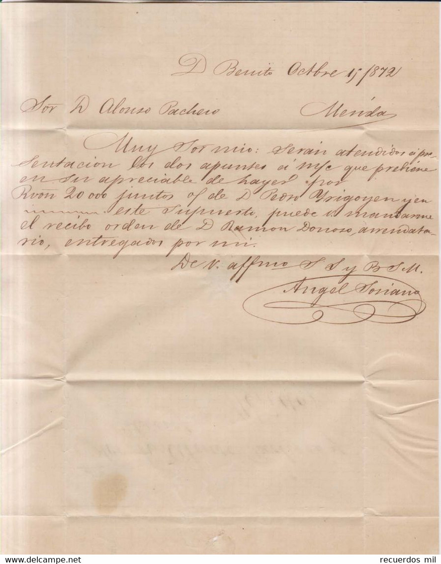 Año 1872 Edifil 122 Amadeo I  Carta  Matasellos Don Benito Badajoz  Angel Soriano - Covers & Documents