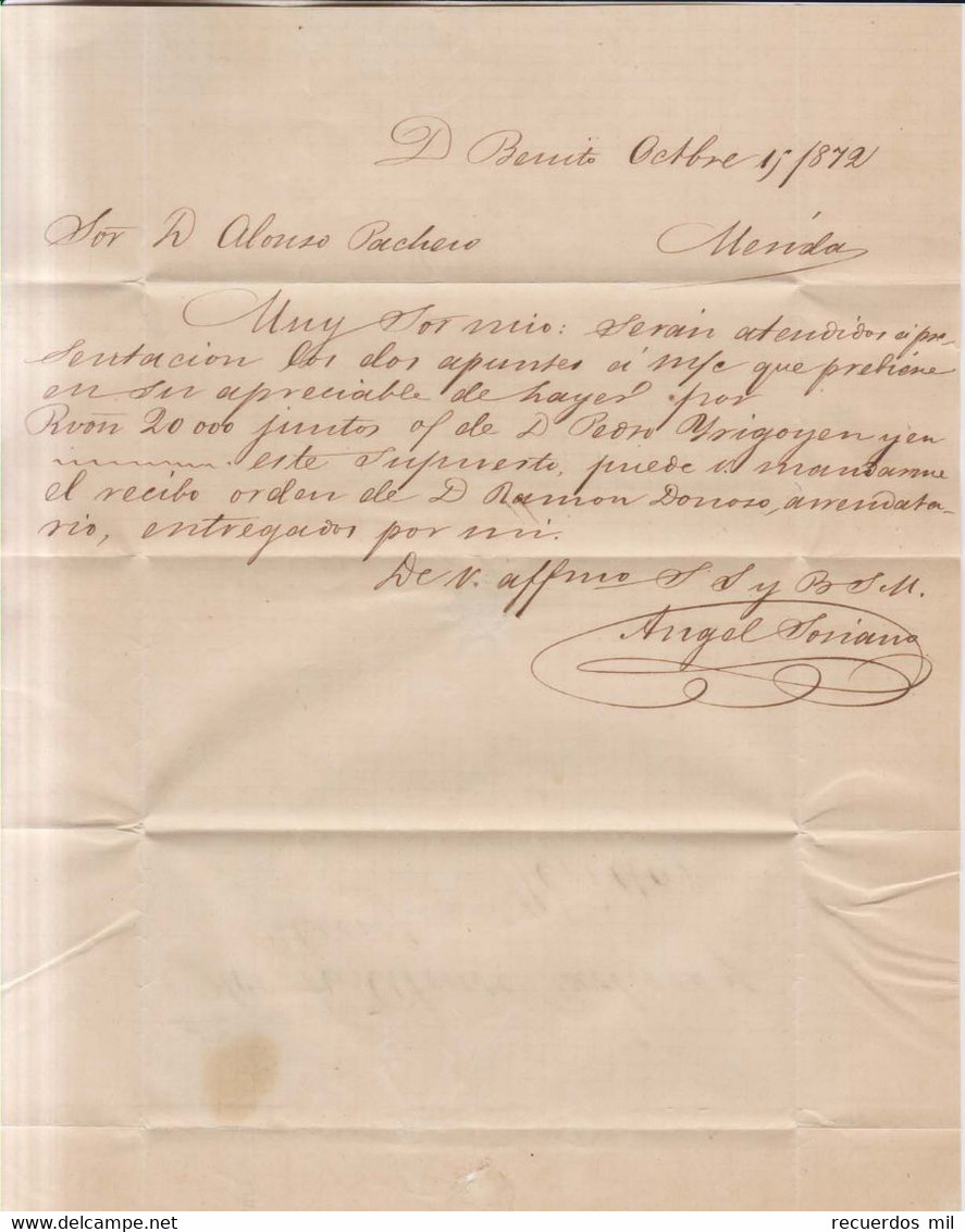 Año 1872 Edifil 122 Amadeo I  Carta  Matasellos Don Benito Badajoz  Angel Soriano - Cartas & Documentos