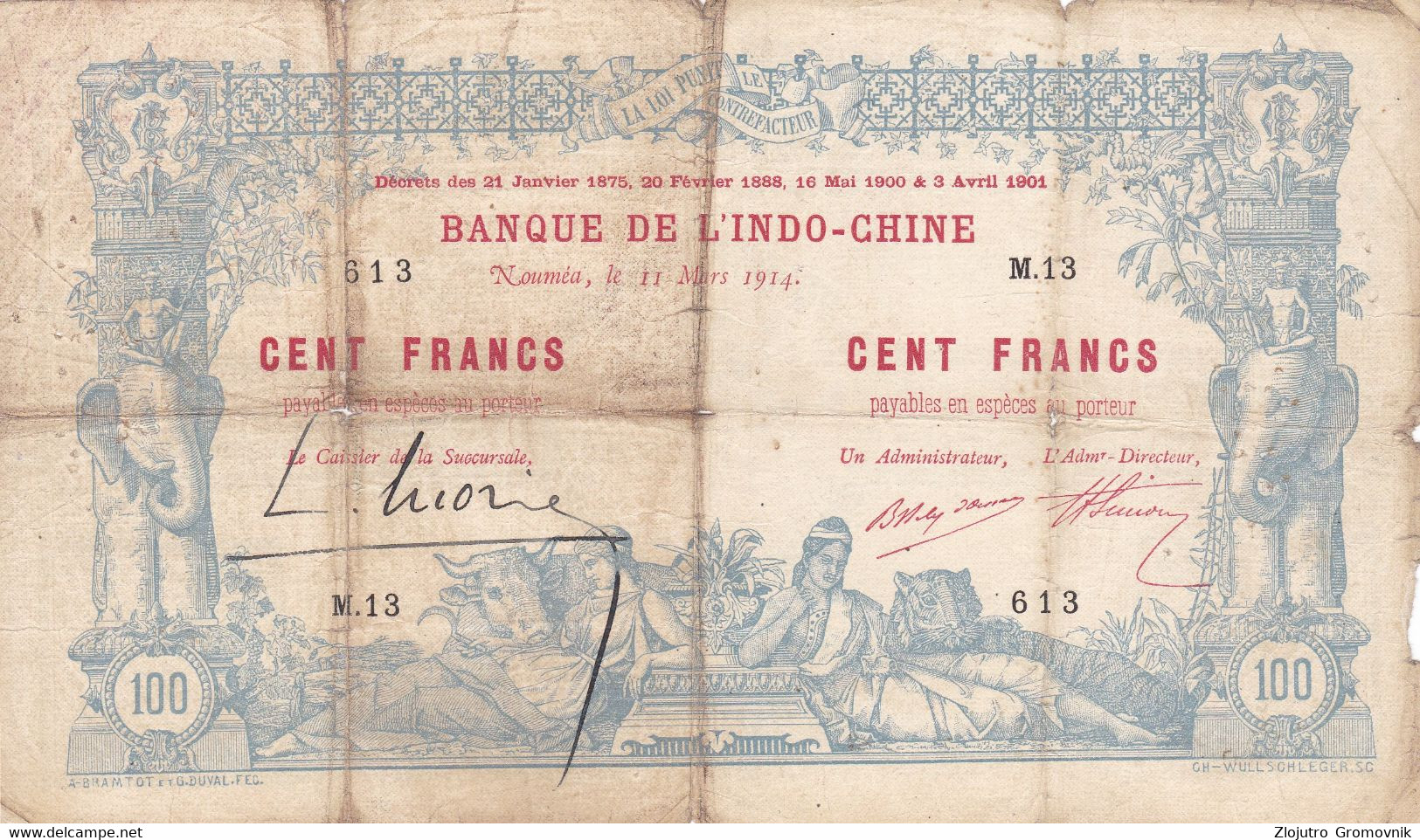 French Indochina 100 Francs 1914 NOUMEA !!! SCARCE - Nouméa (Neukaledonien 1873-1985)