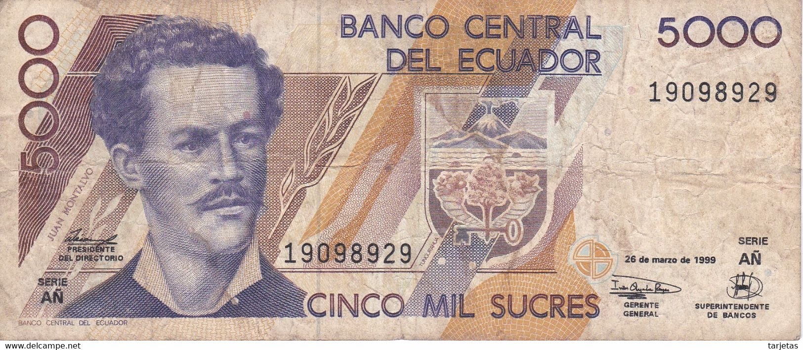 BILLETE DE ECUADOR DE 5000 SUCRES DEL 26 DE MARZO DEL 1999 (BANKNOTE) TORTUGA-TURTLE-PINGUINO-PENGUIN - Ecuador