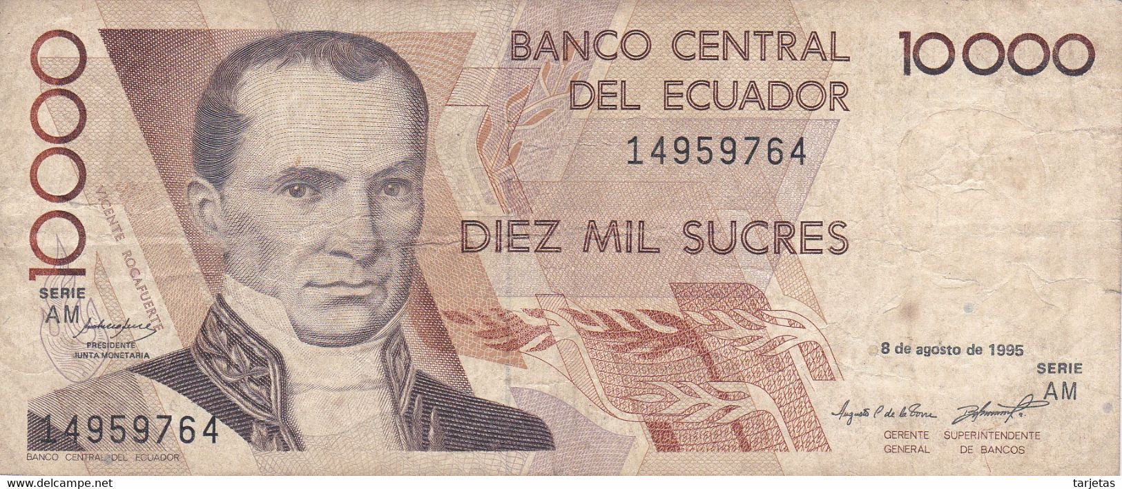 BILLETE DE ECUADOR DE 10000 SUCRES DEL 8 DE AGOSTO DEL 1995 (BANKNOTE) - Equateur