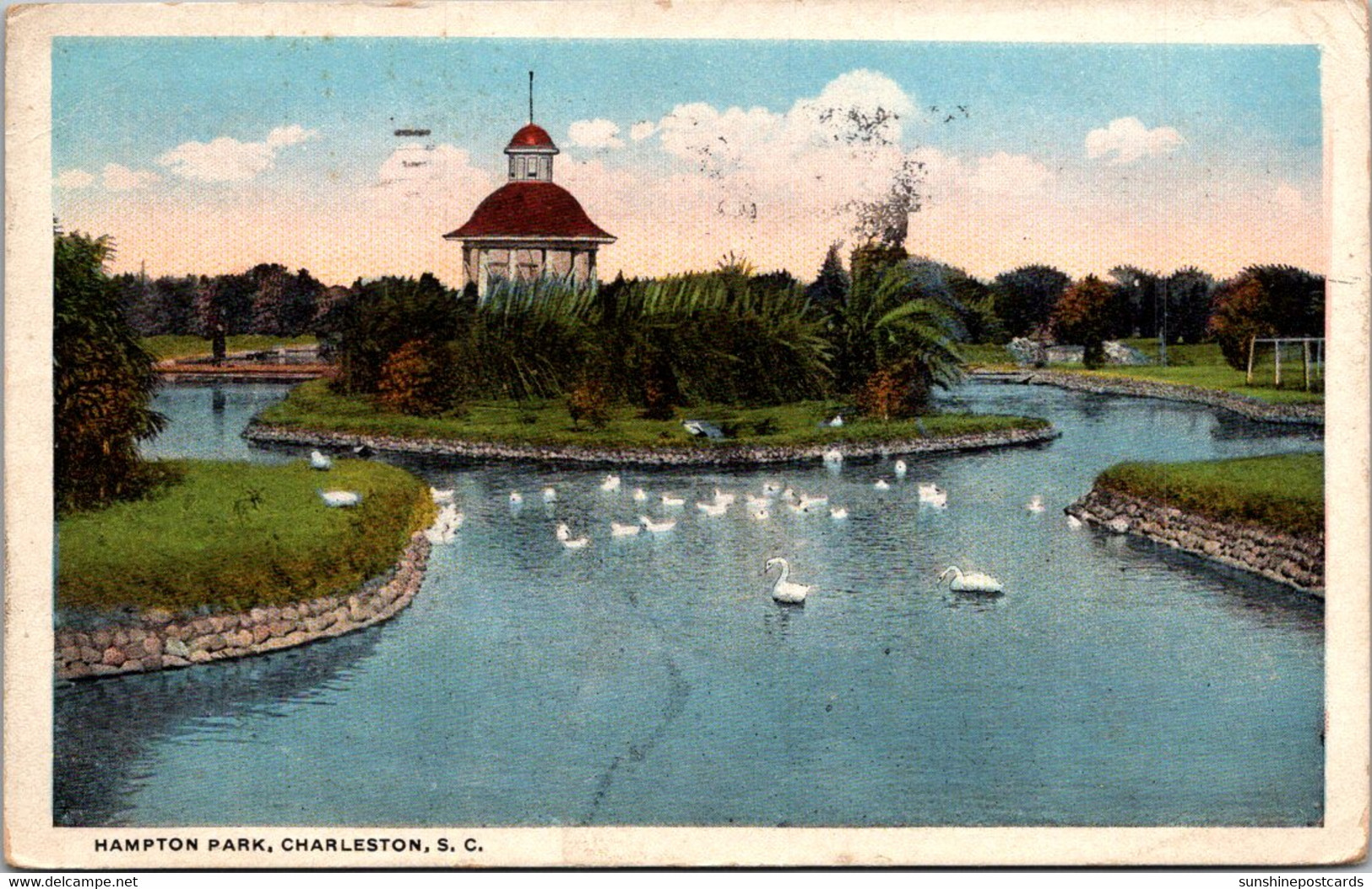 South Carolina Charleston Hampton Park Scene With White Swans 1921 Curteich - Charleston