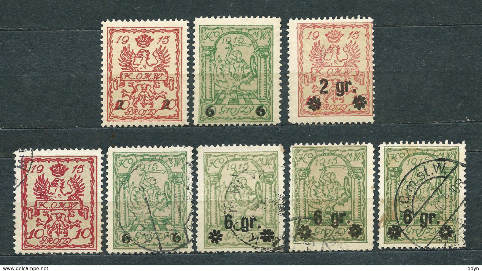 Poland 1915/1916, WARSZAWA [Warsaw] Local Post, MiNr 2, 7, 8, 9, 10 **/*/o Unused And Used - Lot Of 8 Stamps - Sonstige & Ohne Zuordnung