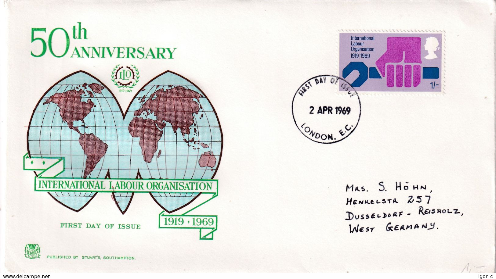 Great Britain UK 1969 Cover: International Labour Organisation; 50 Anniversary - OIT