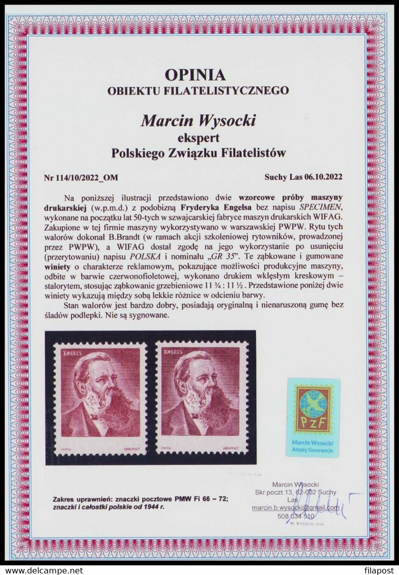 Poland 1953 Engels, Two Shades- Proof Of Print Machine Of Polish Nationality Printing House + Fotoatest Expert PZF MNH** - Errors & Oddities