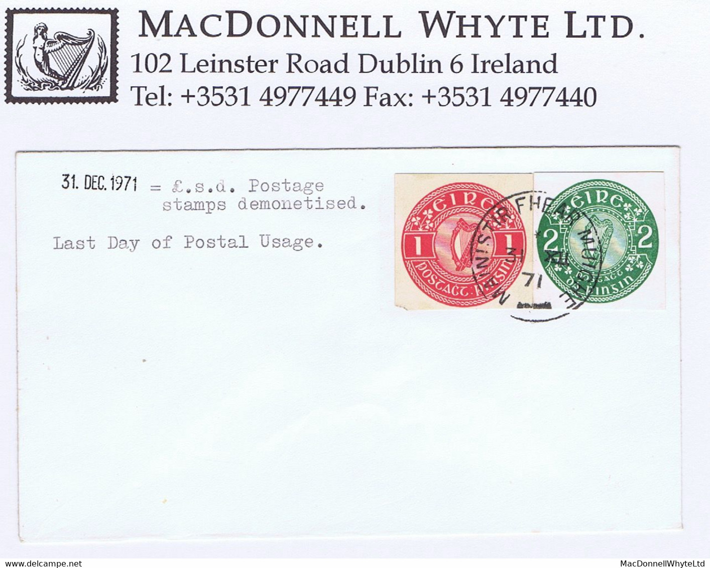 Ireland Postcard Cut-outs 1971 Last Day Of Use Cover With 1d Red And 2d Green - Enteros Postales