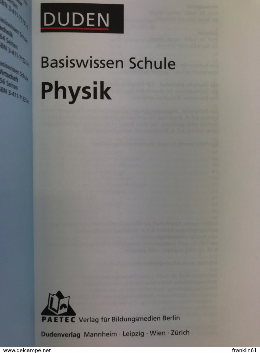 Duden, Basiswissen Schule; Teil: Physik. - Libros De Enseñanza