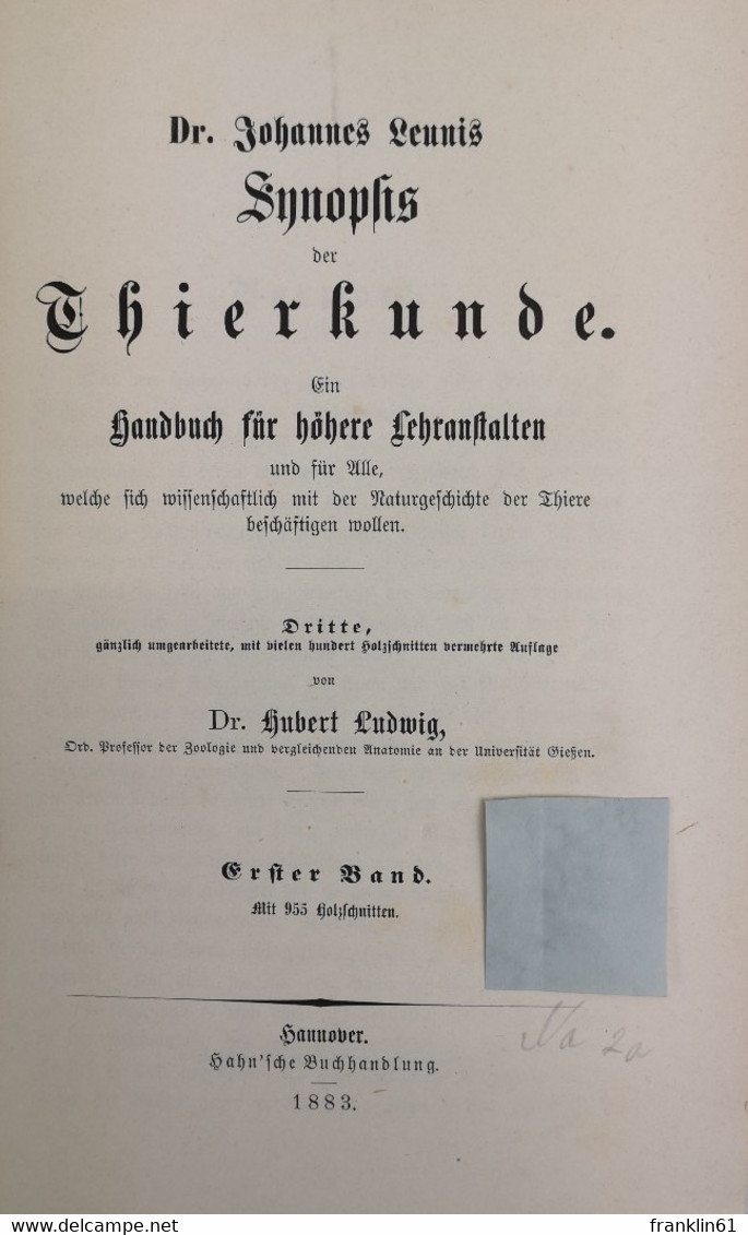 Synopsis Der Drei Naturreiche. Thierkunde. Ein Handbuch Für Höhere Lehranstalten. Erster Theil. Zoologie. Erst - Lexicons