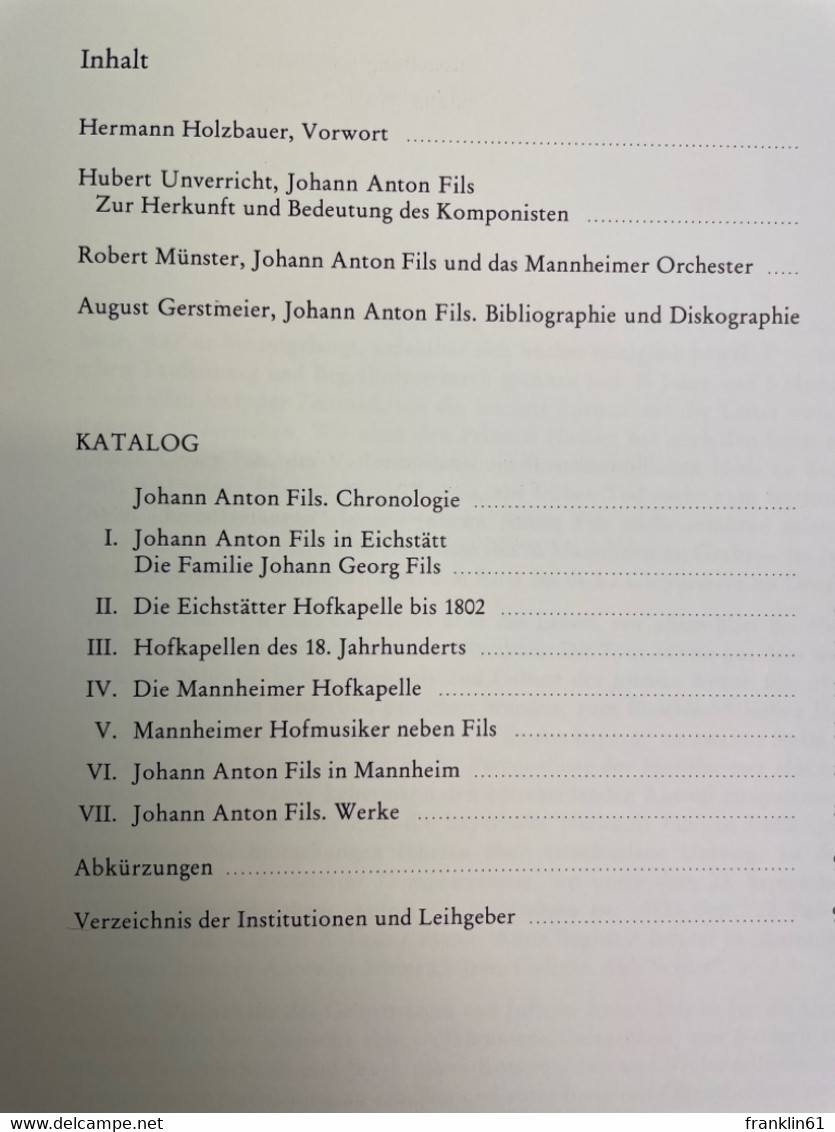 Johann Anton Fils : (1733 - 1760) ; Ein Eichstätter Komponist Der Mannheimer Klassik ; Ausstellung Zum 250. Ge - Musik