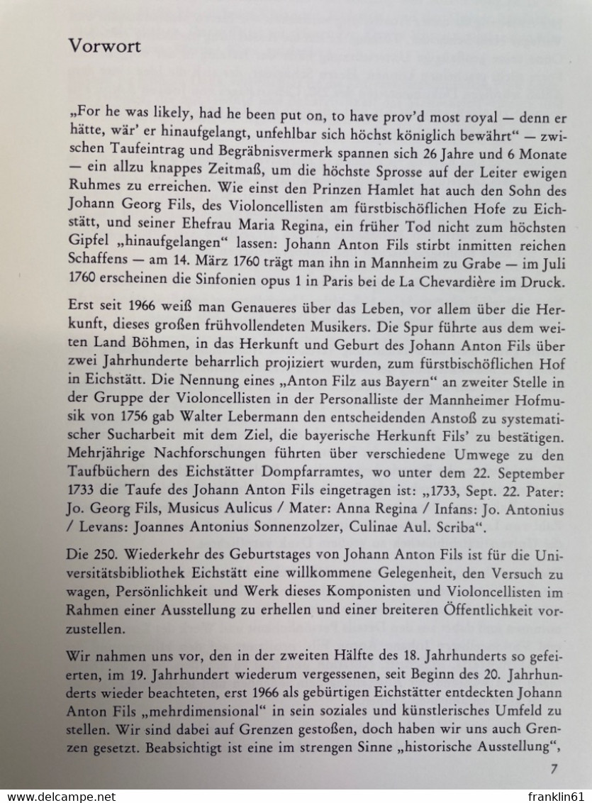 Johann Anton Fils : (1733 - 1760) ; Ein Eichstätter Komponist Der Mannheimer Klassik ; Ausstellung Zum 250. Ge - Musik