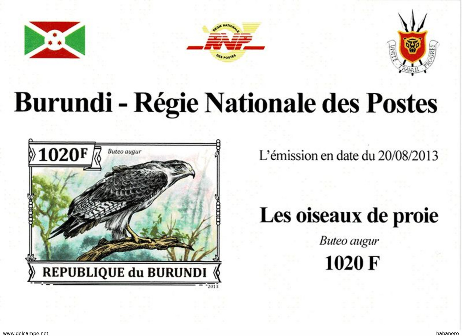 BURUNDI 2013 Mi 3243B BIRDS OF PREY AUGUR BUZZARD MINT IMPERFORATED MINIATURE SHEET ** - Blocchi & Foglietti