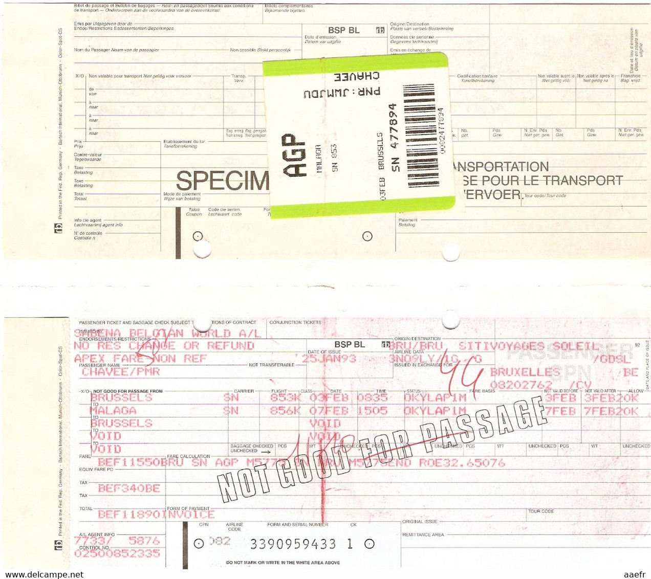 Belgique 2000 - Billet SABENA / IATA - A/R Brussels à Malaga - Tickets