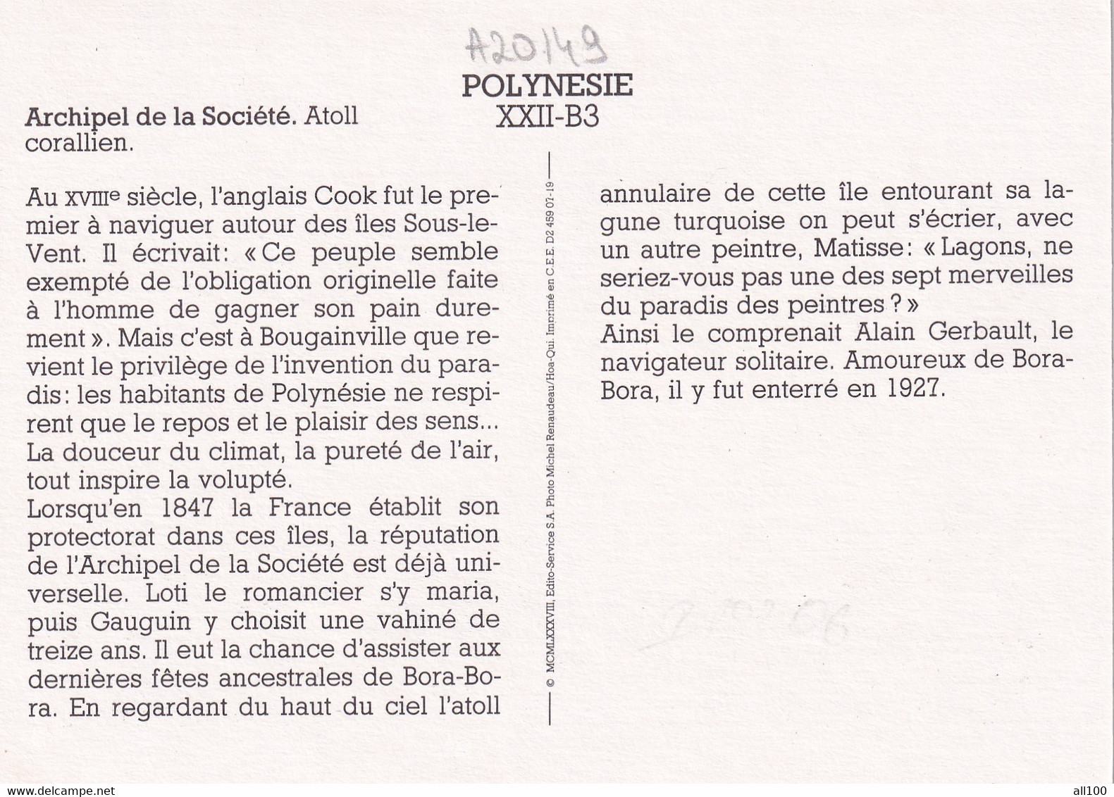 A20149 - ARCHIPEL DE LA SOCIETE ATOLL CORALLIEN FRENCH POLYNESIA POLYNESIE OCEANIA RENAUDEAU HOA QUI - Polynésie Française