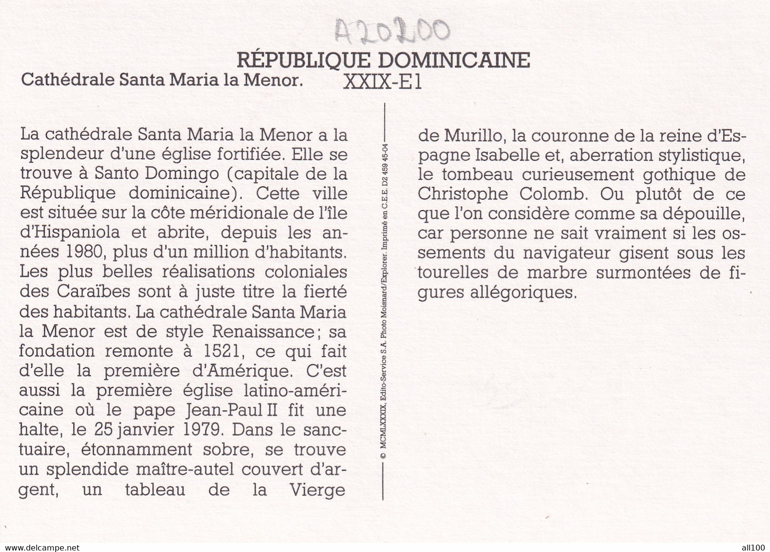A20200 - CATHEDRALE SANTA MARIA LA MENOR DOMINICAN REPUBLIC REPUBLIQUE DOMINICAINE MOISNARD EXPLORER - Dominikanische Rep.