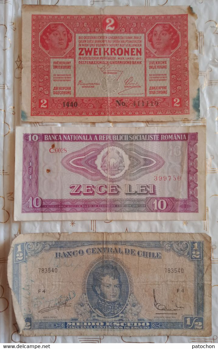 3 Billets 2 Kronen Autriche 1/2 Escudo Chile 10 Lei Romania - Vrac - Billets